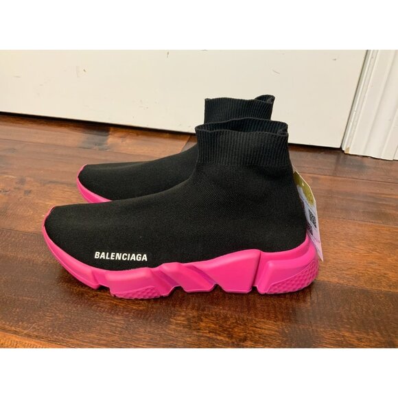 Balenciaga Black Knit Sock Speed Trainers Pink Platform Sole Sneakers, Size 10 - Picture 4 of 7